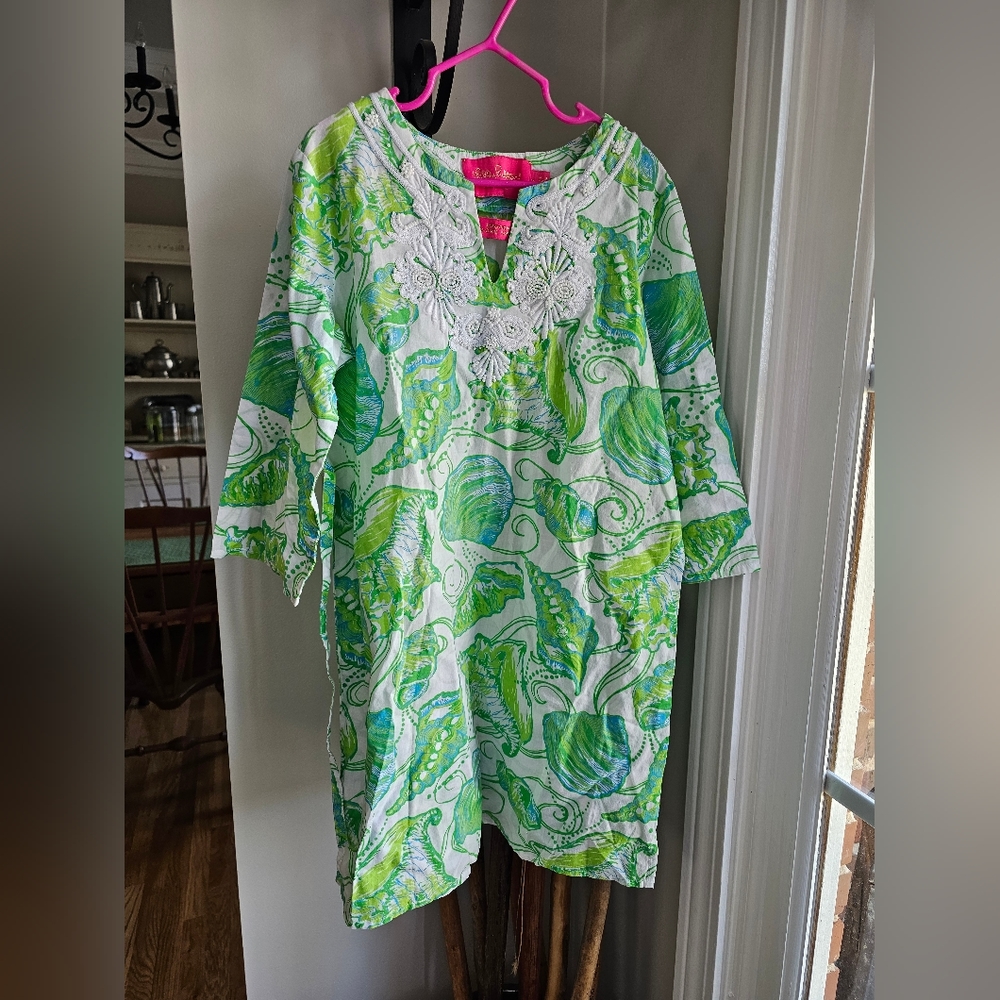 Lilly Pulitzer Jubilee Dress Seashell 100% Cotton Green White Girl’s Size 14